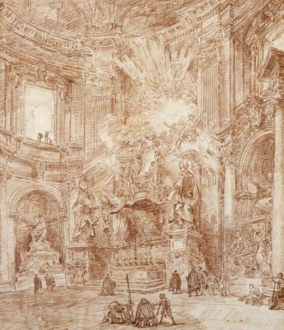 Interieur van een kerk (rode krijt op papier) door Hubert Robert